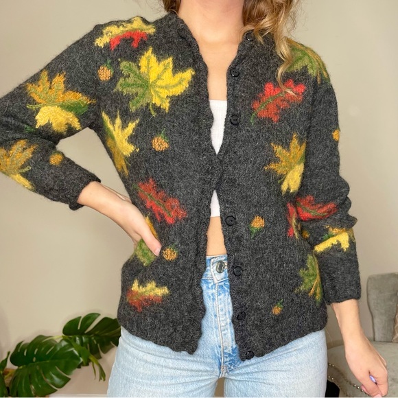 Vintage 100% Extra Fine Alpaca Hand Knitted Grey Fall Foliage Cardigan (M)